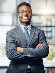 Canvas Print - Black man, lawyer and confident in office for portrait, career success and pride for growth. Attorney, arms crossed and happy in law firm for business, professional and ambition in legal industry