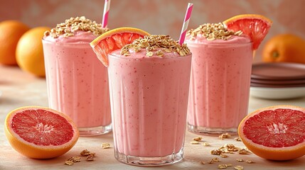 Wall Mural -  Three pink smoothies in glasses, topped with granola and grapefruit garnish