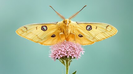 Canvas Print -   A zoomed-in photo of a yellow butterfly perched on a pink blossom, set against a blue backdrop