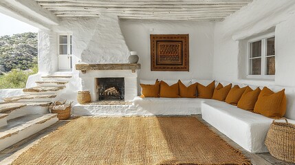 Wall Mural -   A cozy living space boasting a white sofa, fireplace in the corner, and plush rug on the wooden floor