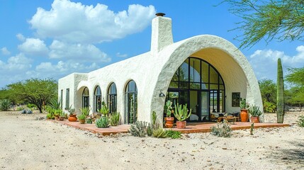 Poster -   Desert house surrounded by cacti in foreground and blue sky with clouds in background