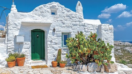 Wall Mural -   A white building with a green door and two cacti in front of it