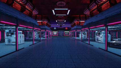 Poster - Futuristic cyberpunk science fiction cloning laboratory with equipment inside glass rooms. 3D render.
