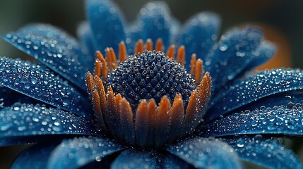 Poster -   Blue flower in close-up with water droplets on petals and center