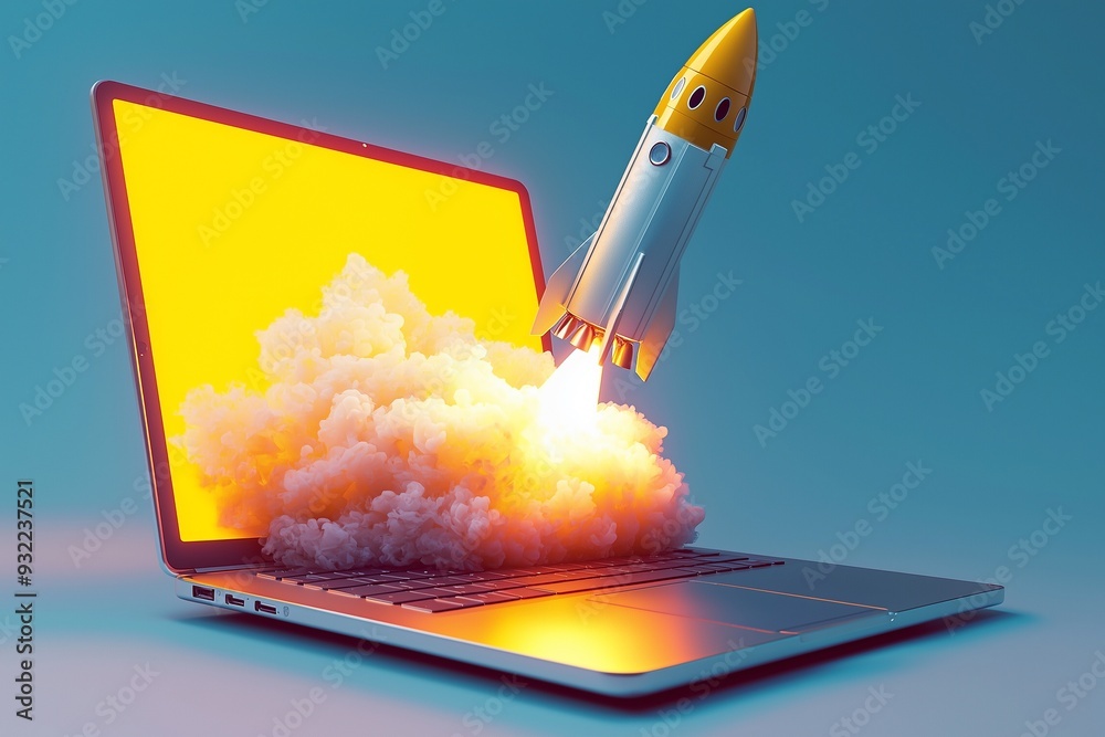 A laptop with a rocket coming out of the screen an explosion effect on ...