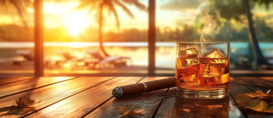 photograph illustrating a close-up image of a glass of whiskey and a cigar resting on a wooden table