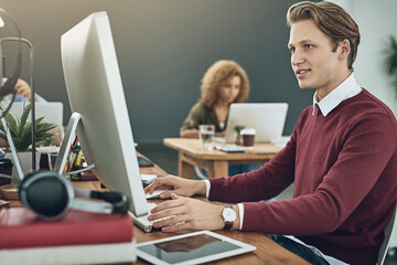 Aufkleber - Man, computer and smile for small business, research and creative startup with online web design. Designer, technology and digital website for internet service, project management and ux thinking