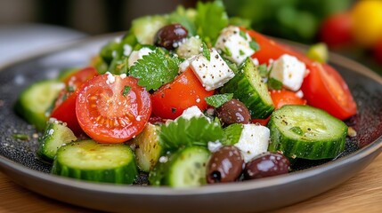 Wall Mural - Fresh cucumber and tomato salad with feta and olives served on a dark plate