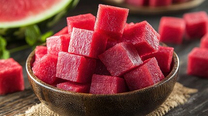 Sticker -   A bowl of juicy watermelon cubes resting atop a rustic wooden table