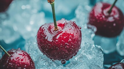 Wall Mural -   Cherries on ice, close-up of red fruit, water drops on stemless base