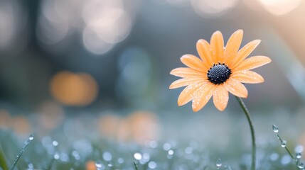 Wall Mural - Single yellow flower blooming in a misty meadow during early morning light