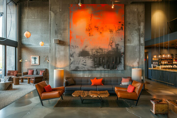 Modern boutique hotel lobby with coarse concrete walls.