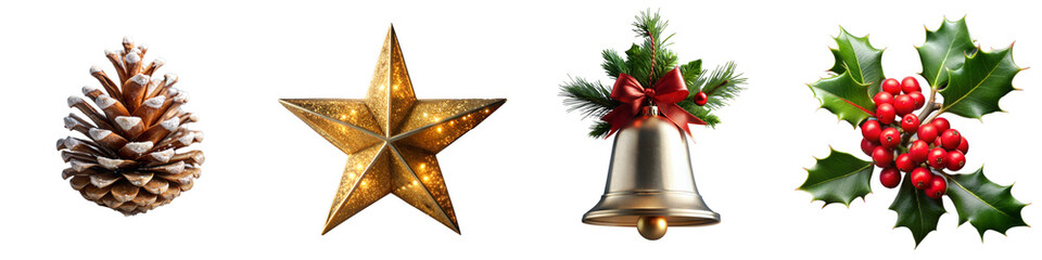 Festive Christmas decorations with pine cone, golden star, bell with ribbon, and holly leaves on transparent background