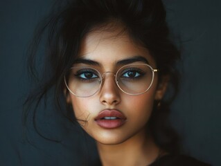 Canvas Print - captivating portrait of indian girl with stylish glasses soft studio lighting