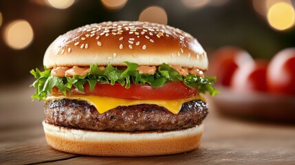 Wall Mural - Juicy cheeseburger with lettuce and tomato on a wooden table at a cozy restaurant