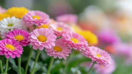 Wall Mural - Colorful daisies in bloom with soft focus background during a sunny spring day