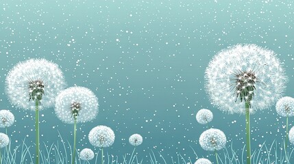 Wall Mural -   A dandelion with snowfall, grass in the foreground, and a blue sky in the background