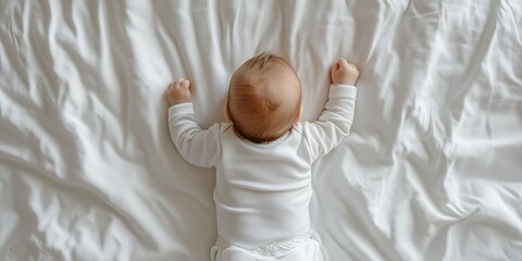 Peaceful baby lies on soft white sheets, stretching joyfully. The bright, airy room evokes comfort and relaxation, symbolizing growth and happiness in childhood