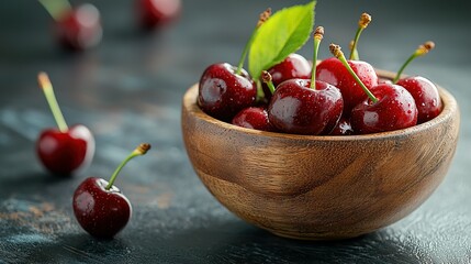 Sticker -   Wooden bowl full of cherries on counter next to green leaf