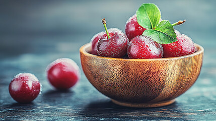 Sticker -   A wooden bowl brimming with cherries rests atop a wooden table, nestled beside another bowl overflowing with cherries