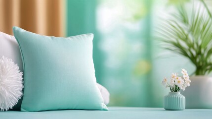 Wall Mural - Soft cushions arranged on a turquoise wall backdrop in a bright interior setting