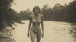 © Vilius - Sepia-toned vintage photograph of a female Amazonian explorer in rugged clothing, set in a dense tropical environment, evoking early 20th-century adventure and determination
