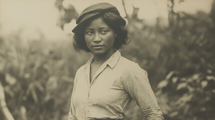 Sepia-toned vintage photograph of a female Amazonian explorer in rugged clothing, set in a dense tropical environment, evoking early 20th-century adventure and determination