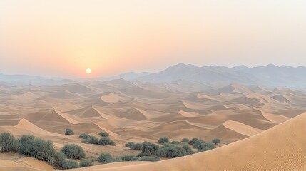 Canvas Print -  A desert scene with sand dunes and trees in the foreground, and majestic mountains in the background as the sun sets