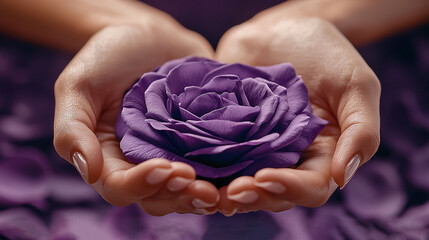 Wall Mural -   A person holds a purple flower in their palm on a purple-clothed table