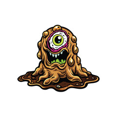 Cartoon illustration of a deformed slimy creature with one large eye, sharp teeth and dripping slime emerging from the ground.