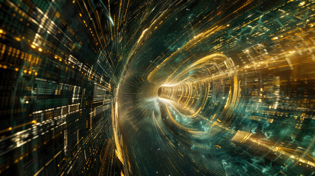 A vibrant tunnel filled with golden and green lights conveying data movement and energy in an abstract digital landscape