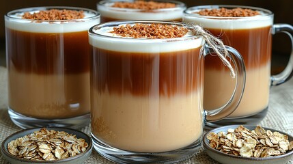 Poster -   A pair of mugs brimming with liquid and strewn oats on a table, accompanied by spoons nearby