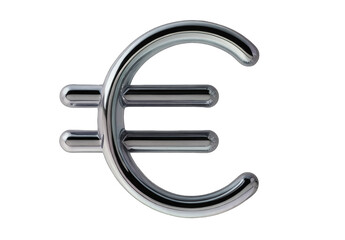 Sticker - Molten metal element with shiny chrome surface isolated on transparent background. Currency sign, euro. Finance, money.