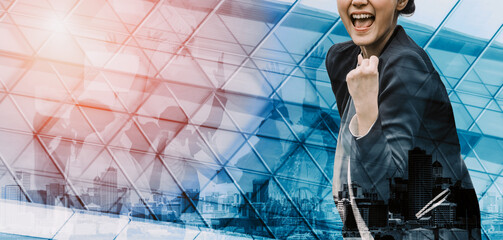 Wall Mural - double exposure image of success business people on abstract modern city background. future business
