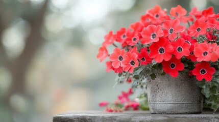 Wall Mural - Vibrant red flowers bloom on a stone wall during a sunny spring day