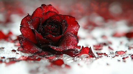 Poster -   A close-up of a red rose with water droplets on its white and red petals