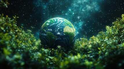 Wall Mural - miniature lush green planet floating in starry cosmos intricate ecosystems visible aura of life and possibility