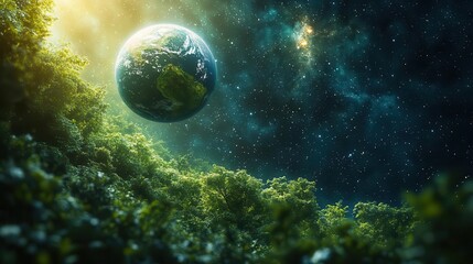 miniature lush green planet floating in starry cosmos intricate ecosystems visible aura of life and 