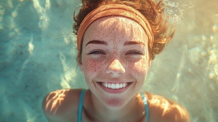 Wall Mural - Young smiling female sport athlete gets a photo in the pool. Stock image.