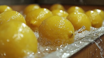 Wall Mural -   A close-up of a group of lemons on a table with water splashing onto them