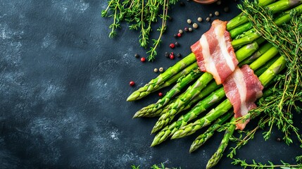 Canvas Print - Healthy fresh food asparagus in bacon with dark background.