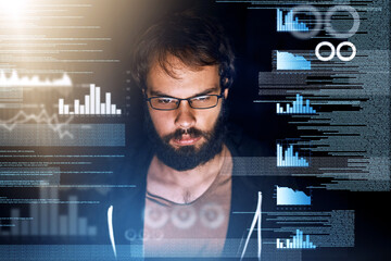 Poster - Man, overlay and programming with coding, data and analysis for cyber security and software development. Male person, programmer and information technology during night for cloud computing database