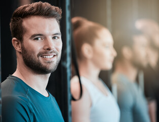 Sticker - Fitness, portrait and smile with man in gym for start of challenge, class or performance routine. Exercise, face and wellness with confident sports athlete in health club for training or workout