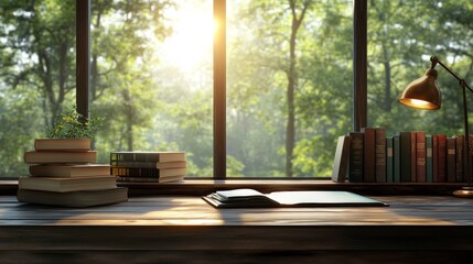 Wall Mural - The background of the photo is blurry, showing a workspace and home library with books, a desk lamp, and a wooden table near the window