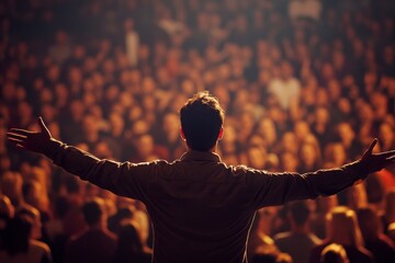 Wall Mural - A speaker stands before a captivated audience, delivering an inspiring message about faith and spirituality with enthusiasm and conviction