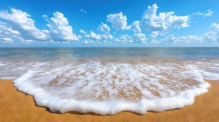 Poster -   A blue sky with white clouds in the background shows a serene atmosphere on the sandy beach as a wave approaches the shore, providing a stunning view