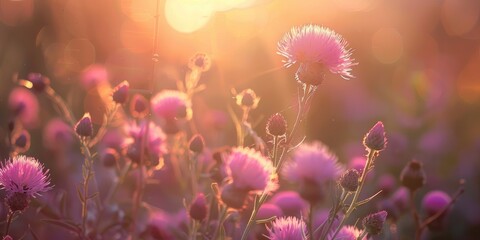 Sticker - Cirsium arvense blossoms in the gentle evening light after flowering soft focus