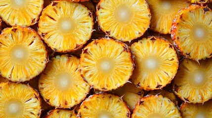 Sticker -   Pineapples sliced and stacked on wooden table, next to additional pile of cut fruit