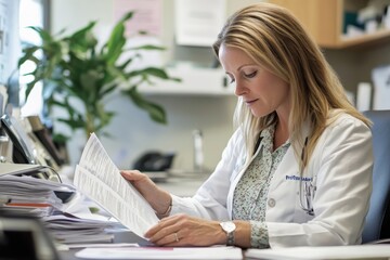 A woman is focused on reviewing important medical records and documentation at her desk in a healthcare environment