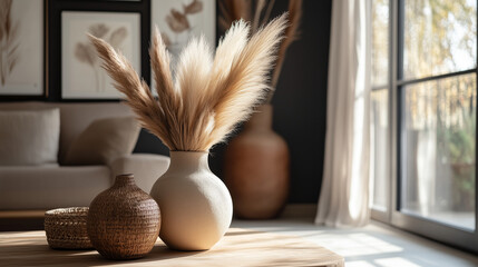 Wall Mural - Dried pampas grass in a textured vase on a wooden table with wicker accents. Modern interior with natural light and framed botanical art.